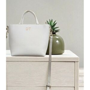 TDE White Structured Leather Tote Bag DT Logo Gold Hardware Crossbody Strap